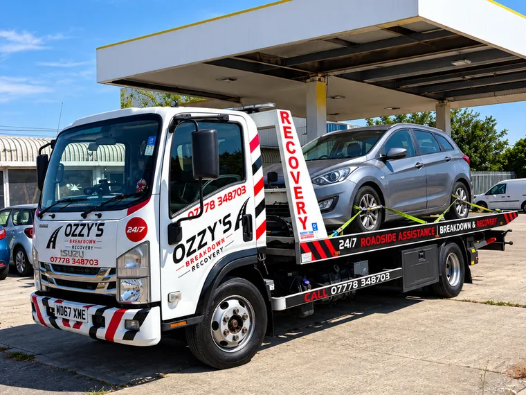 Ozzy’s Breakdown Recovery truck carrying a customer’s estate car