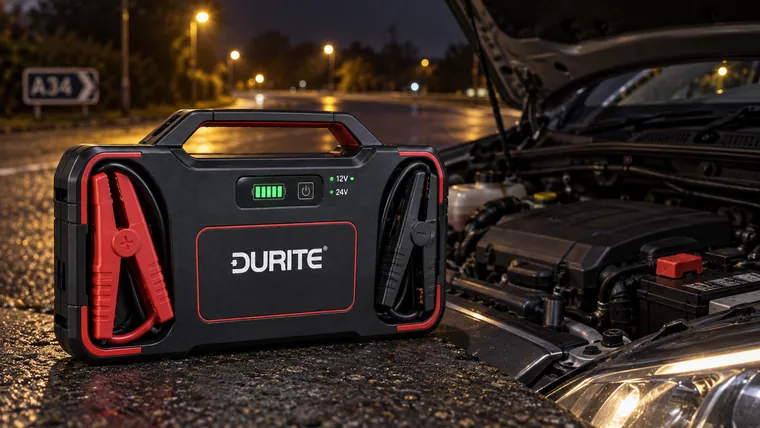 Illustration of a Durite portable jump starter beside an open engine bay