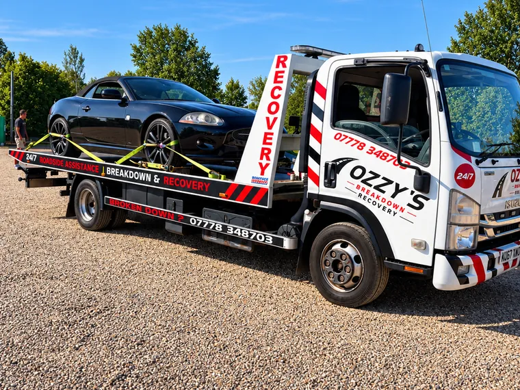 Black sports car on the Ozzy’s Breakdown Recovery truck